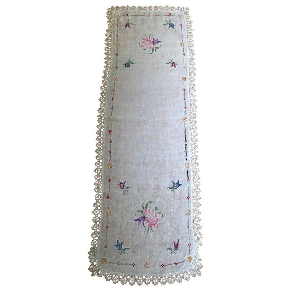 Vintage Handmade Floral Needlepoint Table Runner Linen Lace Edge 47x16